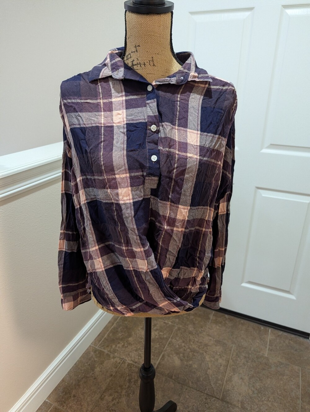 Women’s Navy and Pink Plaid Button-Front Wrap Top
